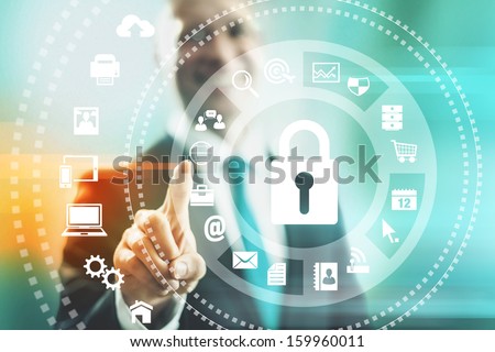 Internet security concept man pointing solutions Royalty-Free Stock Photo #159960011