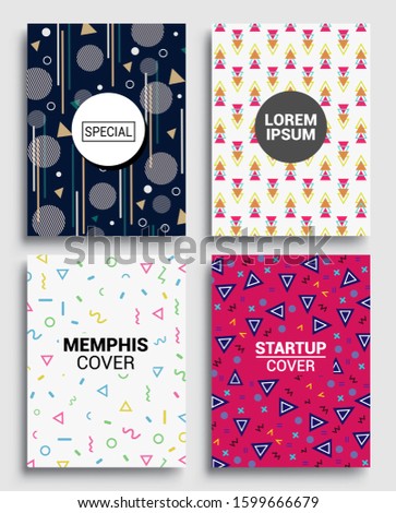 Memphis Style Poster Set, Memphis cover A4 size, geometric shapes patterns. Flat style Abstract Vector Design for Banner, cover, Web, Promotion, Placard and Billboard.