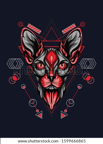 Vector illustration red sphinx cat head in animal sacred geometry