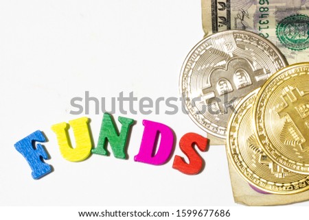 Funds concept. Money and cryptocurrency on white background with copy space. Flat lay with bitcoin.