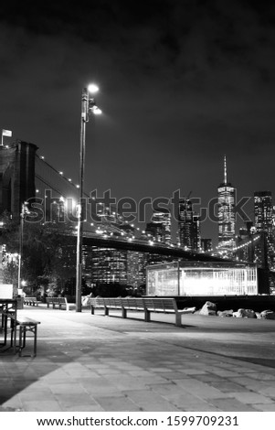 Skyline and spots in New York City. Architecture and objects in black and white.