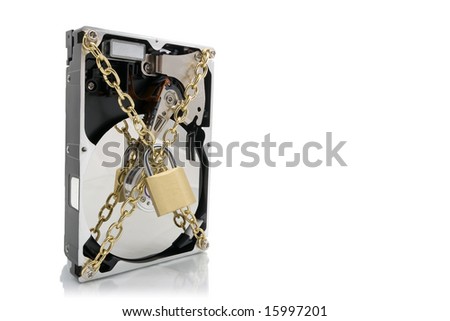 Hard disk device wrapped with chains and padlock