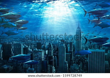city under water, global warming effect concept Royalty-Free Stock Photo #1599728749