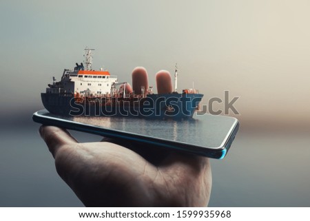 3D Smartphone Pop Out Effect which contains a ship on Danube River. Digital art. Royalty-Free Stock Photo #1599935968