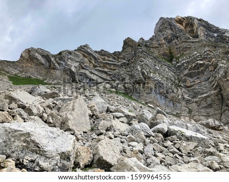 Stones and rocks of the alpine peaks above the Wagital or Waegital valley and mountain lake Wagitalersee (Waegitalersee), Innerthal - Canton of Schwyz, Switzerland (Kanton Schwyz, Schweiz)