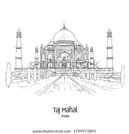 TAJ MAHAL, AGRA, INDIA: Panoramic view to mausoleum in the sunset lights. Hand drawn sketch. Postcard, poster.