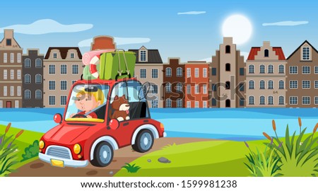 Nature scene with man driving in the city illustration