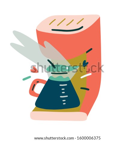 Modern coffee machine drawing, trendy flat hand drawn vector illustration of coffee maker brewing hot americano, colorful handdrawn style, isolated dart, good as logo, icon for coffee shop.