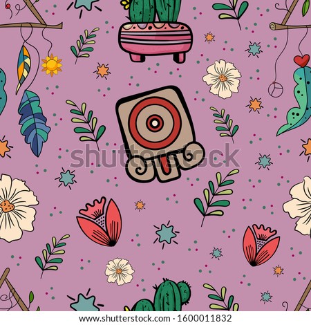 Folklore seamless pattern Cinco de mayo. Mexico illustration. Cactus, flowers, symbols of Mexico. Ritual, Magic, Occult. Cartoon vector Doodle illustration.