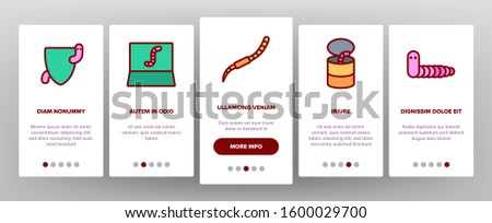 Worm Insect Animal Onboarding Mobile App Page Screen Vector. Worm In Apple And Bait On Fishing Hook, On Shield And In Container Illustrations