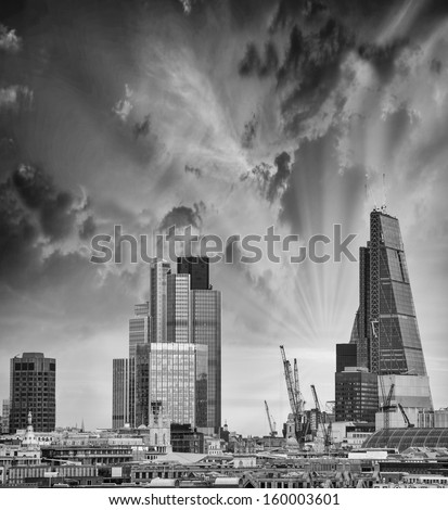 London skyline. Modern buildings on the southern side of river Thames.