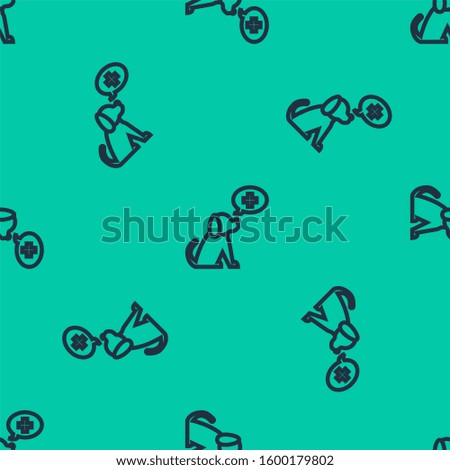 Blue line Veterinary clinic symbol icon isolated seamless pattern on green background. Cross with dog veterinary care. Pet First Aid sign.  