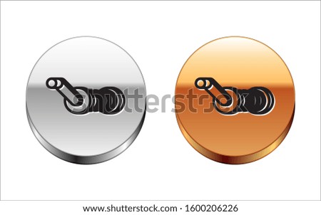 Black line Spinning reel for fishing icon isolated on white background. Fishing coil. Fishing tackle. Silver-gold circle button. 