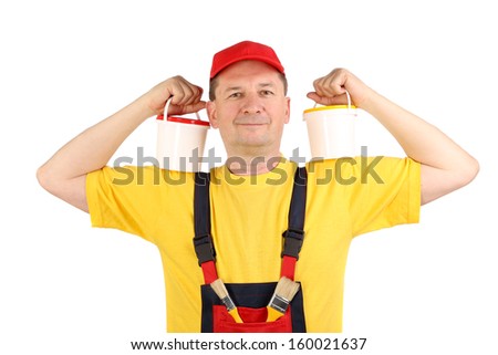 Worker holding two buckets. Isolated on a white background.