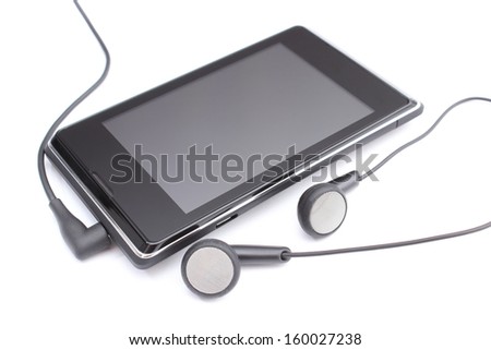 Modern mobile phone with connected headphones isolated on white background
