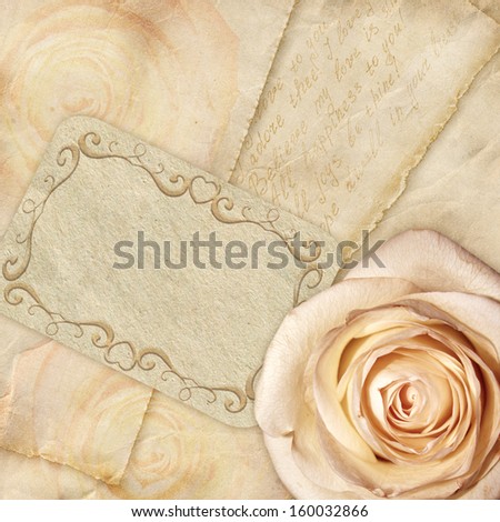 Beautiful background rose and letters. Greetings card. Romantic raster image.