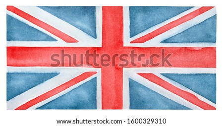 Grungy watercolor flag of the United Kingdom. Hand painted water color sketchy drawing on white, isolated clip art element for design, wallpaper, poster, print, postcard, souvenir product decoration.