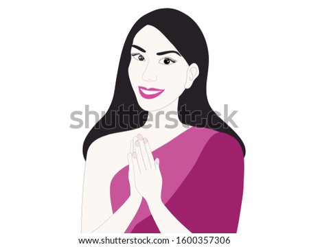 Woman play respect thai style sawasdee greeting isolated vector illustration.