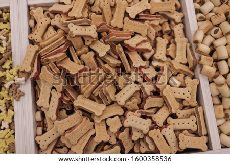 Three boxes of different dog foos, in the middle biscuits in bones shapes. Animal store. Photography