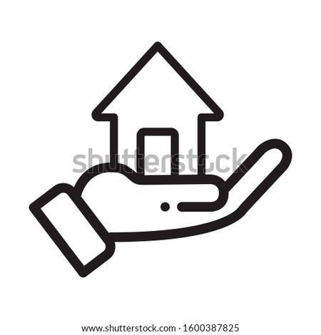 House home plot hand, hand holding a house, selling or giving Real Estate Vector Line Icon isolated on white background EPS Vector