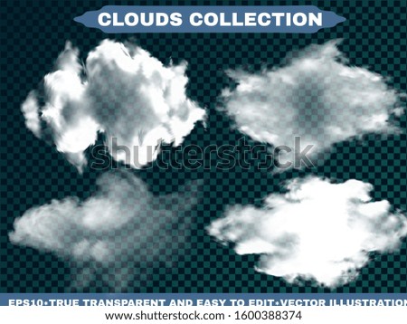 Isolated clouds on a blue sky background. Vector illustrations set. Dynamic template with soft colors. White realistic natural and transparent elements. Thunderclouds or smoke.