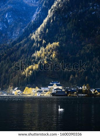 Beautiful Hallstatt Village with the mountain lake in sunny day. Hallstatt is a charming lakeside village in the Alps.