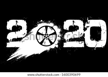 Abstract numbers 2020 and car wheel made of blots in grunge style. 2020 New Year on an isolated background. Design pattern. Vector illustration