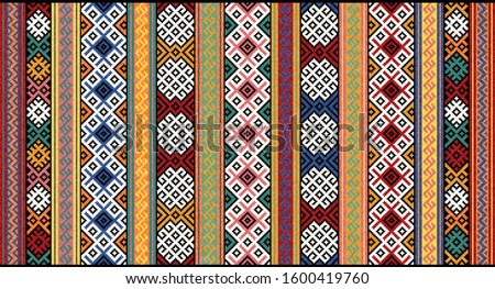 Colorful oriental mosaic kilim rug with a traditional geometric ornaments. Patterned carpet with a border frame. Cross stitch template. Vector 10 EPS illustration. Royalty-Free Stock Photo #1600419760