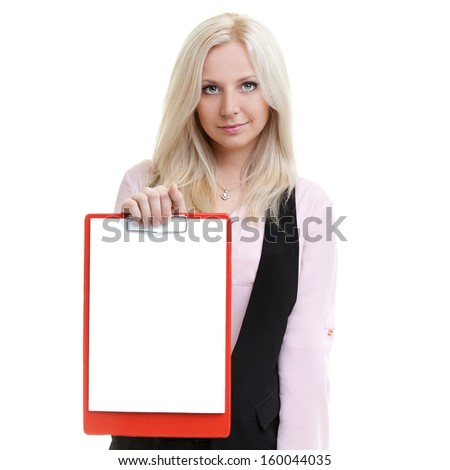 Successful businesswoman holding a clipboard with blank paper is
