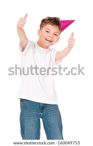 Funny boy in birthday cap, isolated on white background