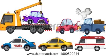 Set of car crash and police car illustration