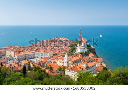 Piran town in Slovenia. Panoramic view of Adriatic sea and city of Piran in Istria, Slovenia. Royalty-Free Stock Photo #1600553002