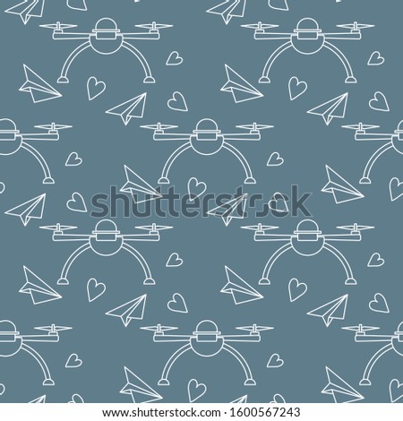 Vector seamless pattern Drone, paper airplane, hearts Valentine's day, wedding, Birthday. Romantic background Fast delivery to customer Future transportation concept Design for wrapping, fabric, print