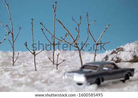 Bare trees in an artificially created snowy landscape in the studio, clear sky, blurry toy cars in the foreground.
