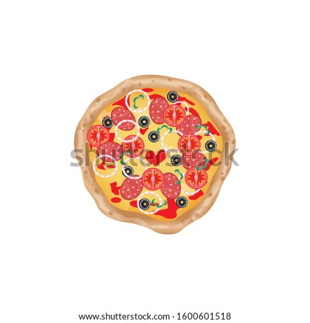 Fresh pizza with tomato, cheese, olive, sausage, onion, pepper. Traditional italian fast food. Top view meal. European snack. Isolated white background. EPS10 vector illustration.