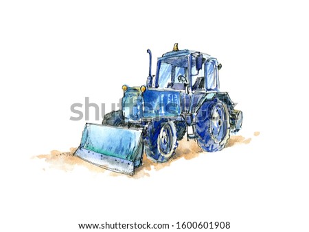 Blue tractor.Farming machine.White background.Watercolor hand drawn illustration.	
