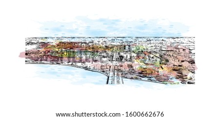 Building view with landmark of Eskilstuna is a city and the seat of Eskilstuna Municipality, Södermanland County, Sweden. Watercolor splash with Hand drawn sketch illustration in vector.