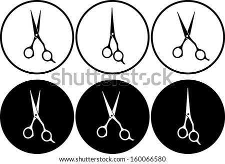 set of isolated black and white professional scissors in round frame