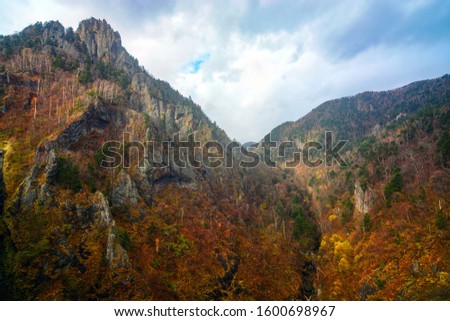 Rugged mountainous landscape near Hoheikyo Dam in Jozankei, Sapporo during autumn in Japan