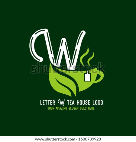 Letter W Organic Tea House Logo Template Design Vector Illustration with Cup on Green Background.Hot and Cold Beverage Logo for Company.Corporate. Business.Bar.Café.Restaurant