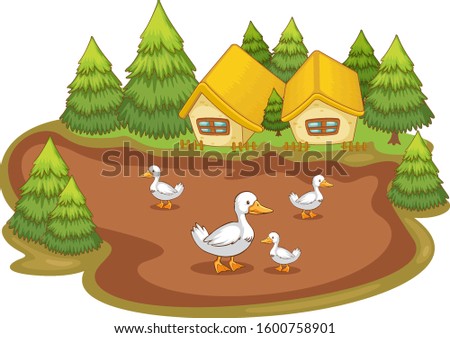 Houses with ducks on white background illustration