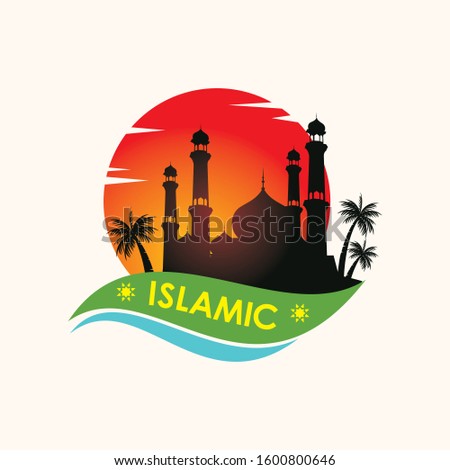 Islamic Logo or Icon Vector, with mosque, coconut tree, sea, sky, and other colorful background, simple, elegant, modern and stylish for islamic icon