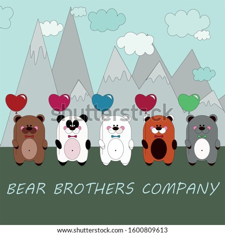 Illustration a company of brothers brothers with balloons in their paws on a background of mountains. Happy Valentine's Day.