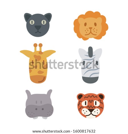 White isolated stock vector set of cute, cartoon, fancy, colored heads of wild, tropical animals like zebra, lion. giraffe. tiger, panther and hippopotamus with happy emotions. 