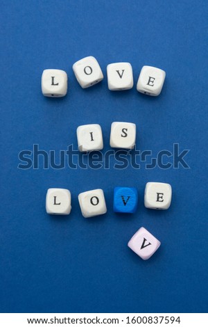 Love is love message written on wooden blocks over blue background, top view.