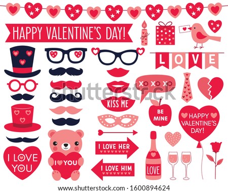 Valentines Day vector party signs and photo booth props, clip art set