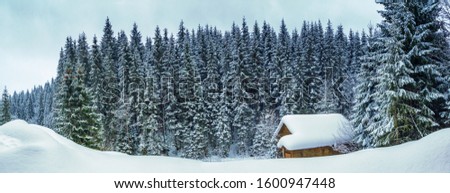 Winter landscape, banner - view of the snowy house in the winter mountain forest after snowfall