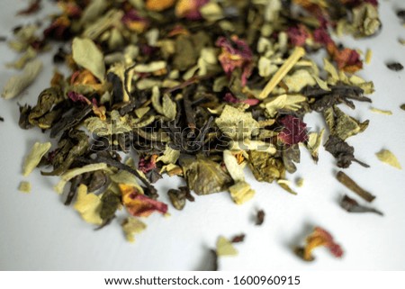 Dried herbs on a white background. Tea leaves. healing herbs. Dried flowers.