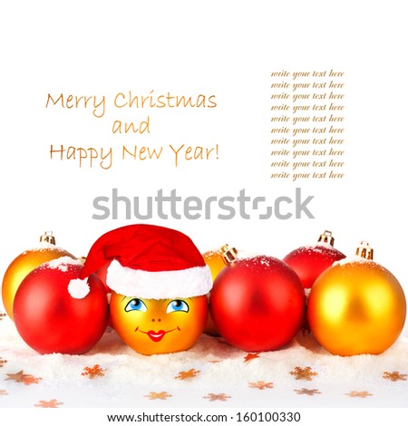 Christmas ball in the hat of Santa Claus  on the white isolated background 