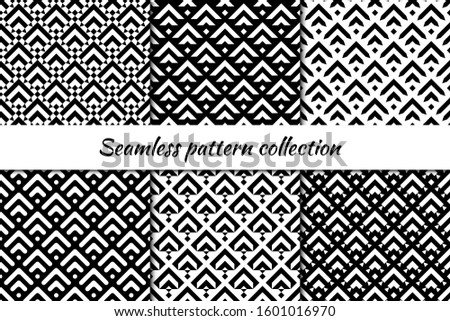 Seamless pattern collection. Geometrical design backgrounds set. Repeated scales, chevrons motif. Geo print kit. Classic oriental ethnic ornaments. Vector scrapbook digital paper, abstract wallpaper